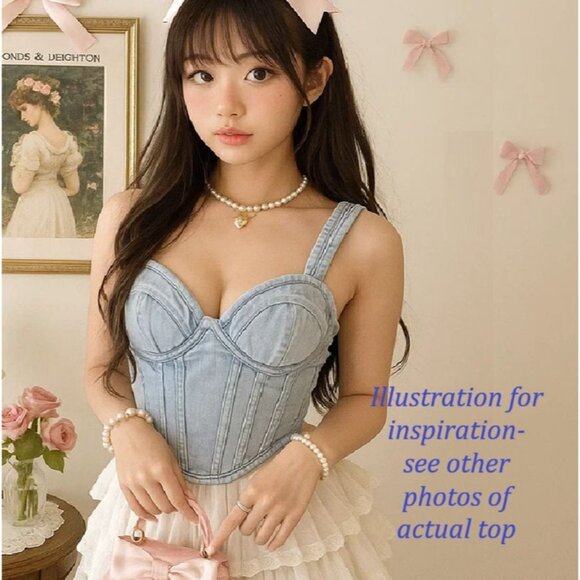 Light Blue Wash Dip Hem Bust Cup Denim Corset Top Size 6 PrettyLittleThing - Picture 1 of 9